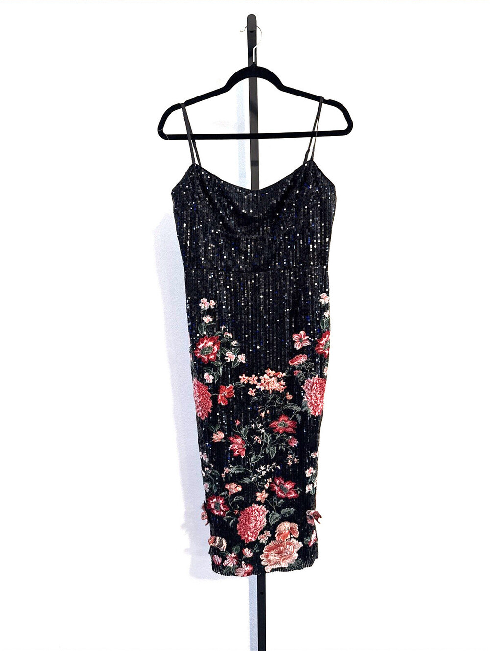 Marchesa Notte Embroidered Sequin Floral Midi Spagetti Strap Dress SZ 10 (Flaw)